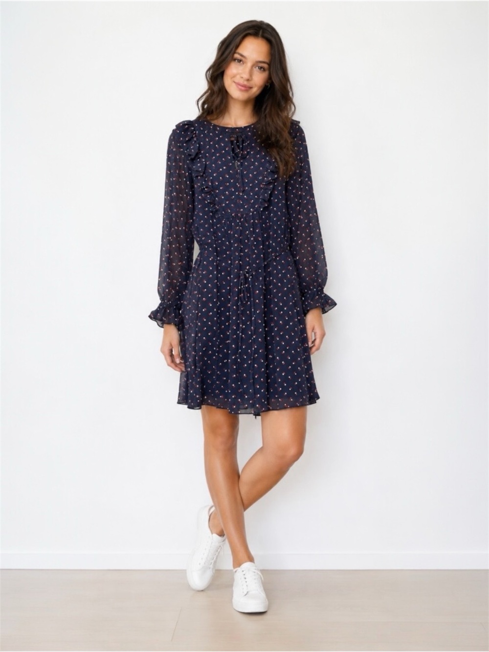 French Connection Mini Dress Size 4 Floral Sheer Belted Long Sleeve Ruffle Flowy